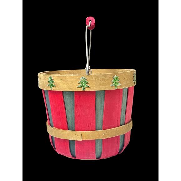 Festive Red & Green Slatted Christmas Bucket with Glitter Tree Accents 6.5" Tall - Picture 2 of 7